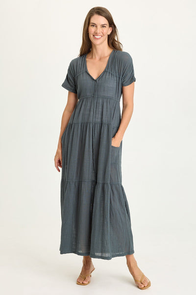 Ignatz Gauze Tiered V-Neck Dress in Hawthorn Leaf