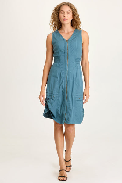 Holland Poplin/Mesh Front-Zip Dress in Dark Night