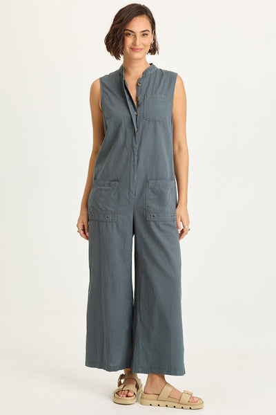Tawnie Linen Button-Up Jumpsuit  in Hawthorn Leaf