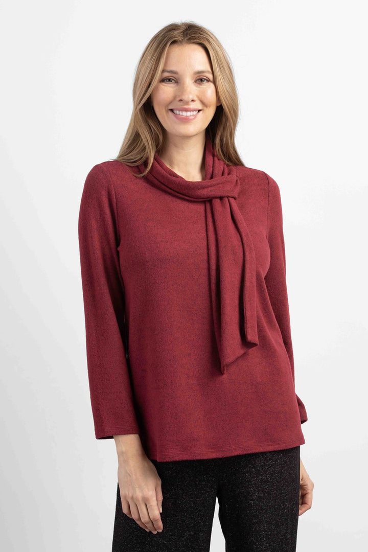 Soft Fleece Tie Neck Pullover in Cranberry