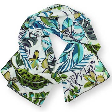 Rayon Scarf in  Olive and Teal Leaves