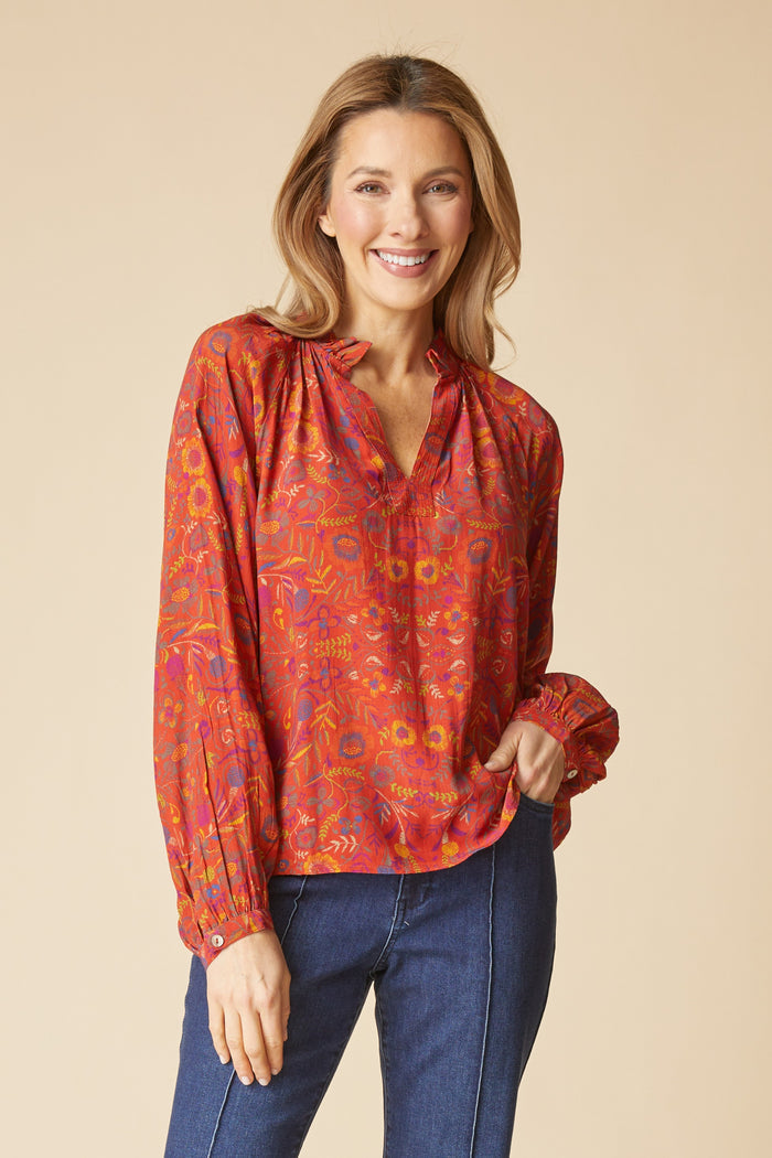English Garden Ruffle Neck Blouse in Sienna