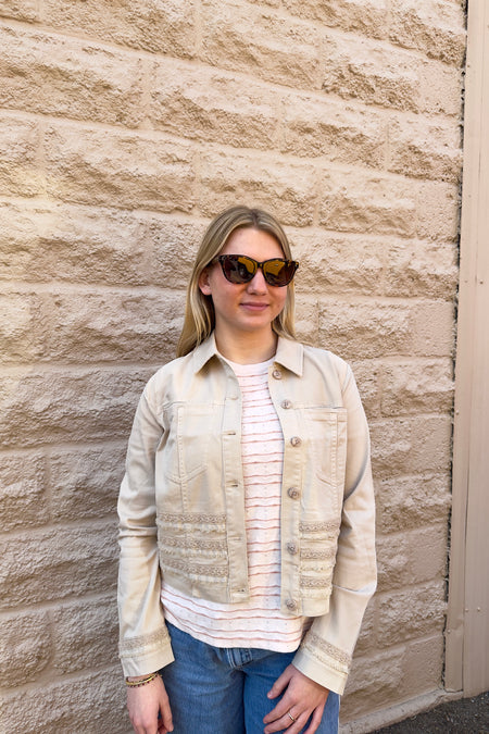 Trucker Jacket with Fray & Lace by Liverpool in Safari Sands