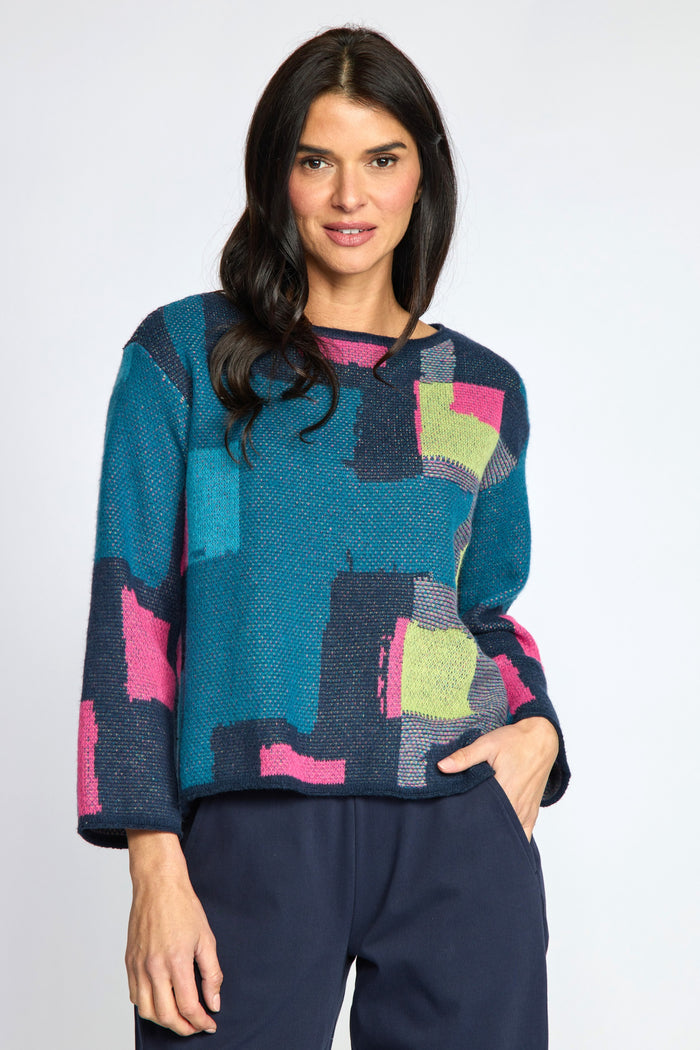 Modern Collage Sweater in Teal