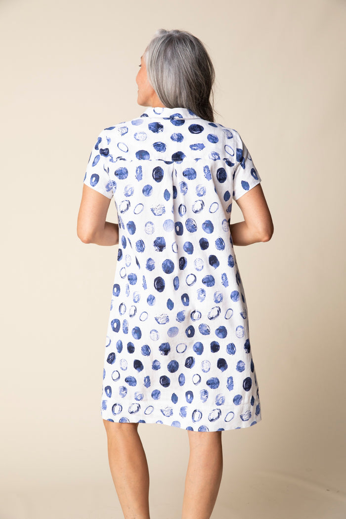 Maya Linen Dress in White/Blue Dot