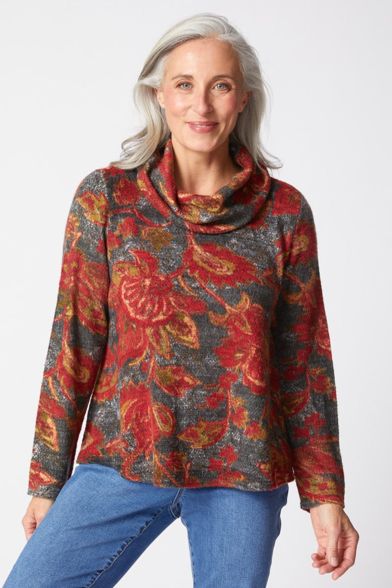 Aspen Knit Paisley Easy Cowl Top in Truffle
