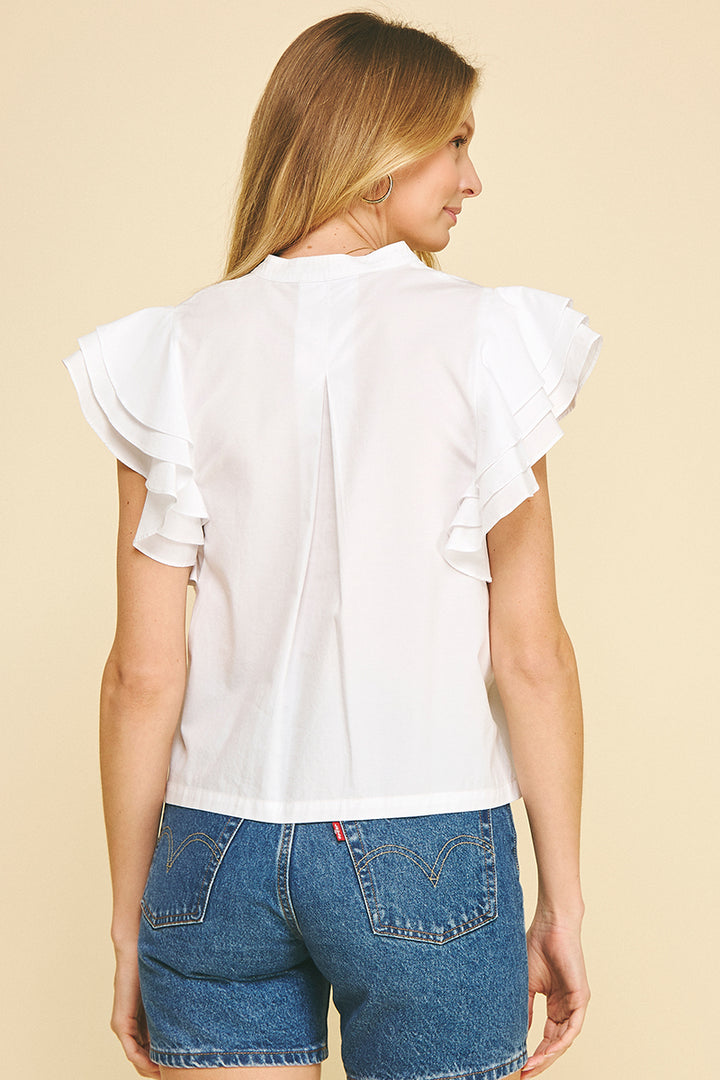 Solid Ruffled Sleeve V-Neck Blouse in White
