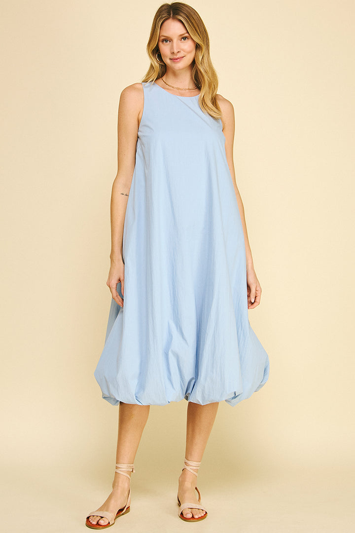 Solid Bubble Hem Midi Dress in Light Blue