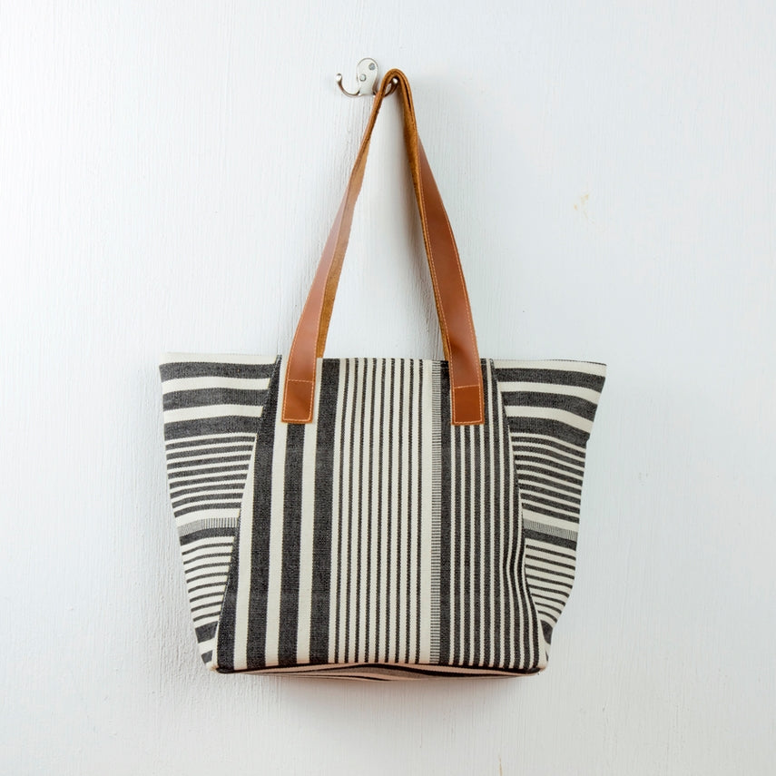 Black & White Tote with Leather Straps