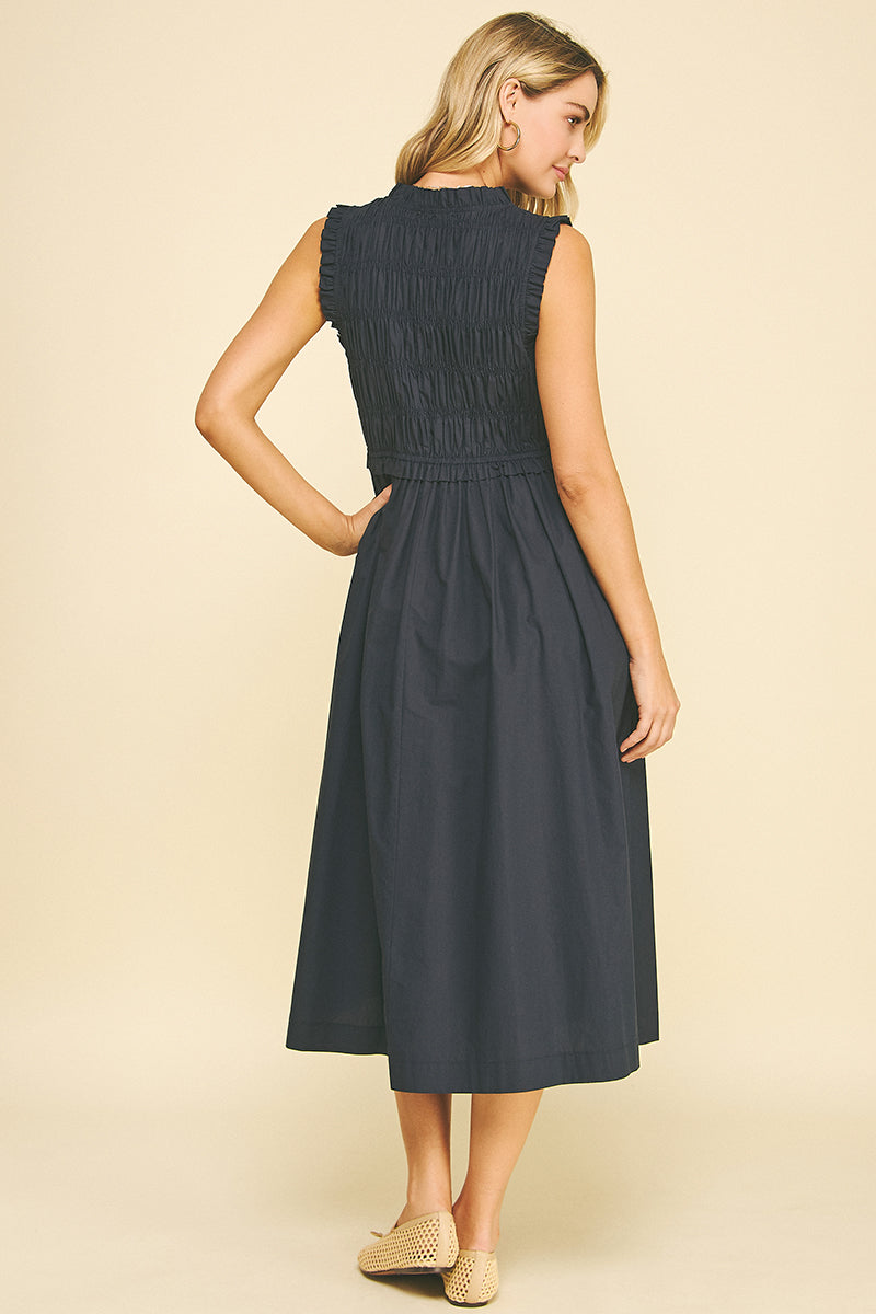 Front-Tie Smocking Midi Dress in Ink