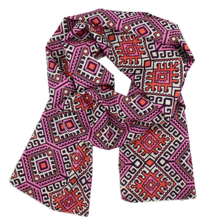 Cotton Voile Scarf in Magenta and Orange Geometric