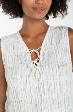 Sleeveless Tie Front Woven Top w/Smocking