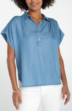 Popover Shirt w/Shirring in Sunlit Blue
