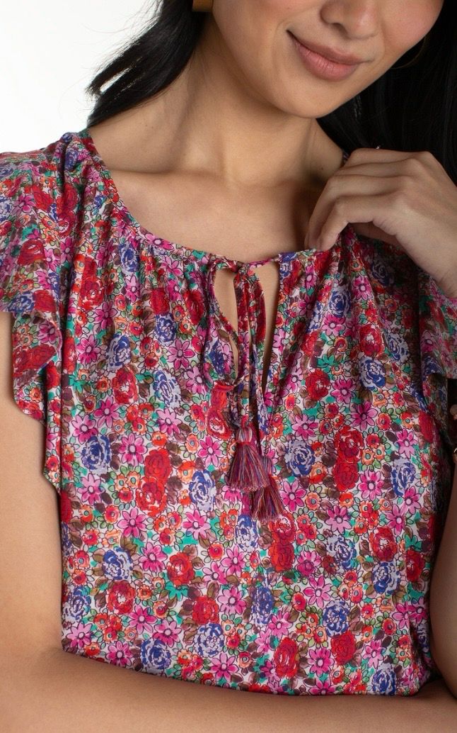 Flutter Sleeve Peplum Woven Top with Ties in Pink Multi