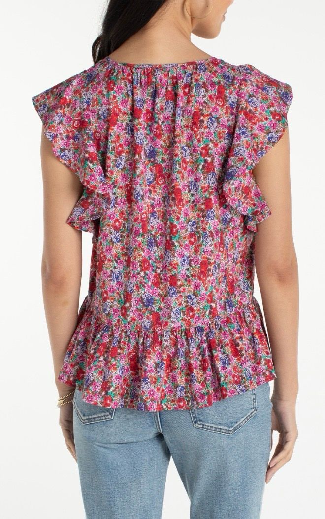 Flutter Sleeve Peplum Woven Top with Ties in Pink Multi