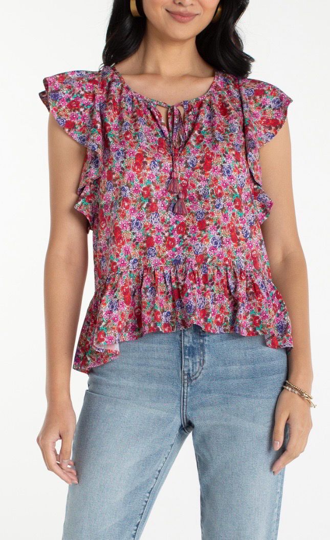 Flutter Sleeve Peplum Woven Top with Ties in Pink Multi