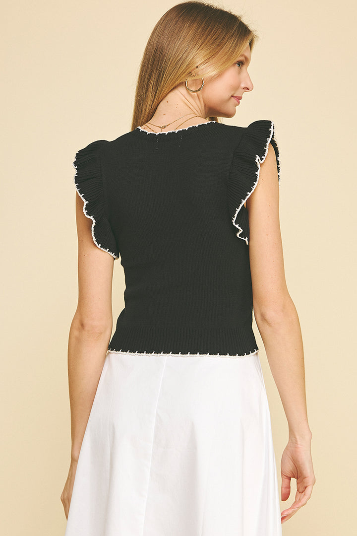 Embroidered Short Sleeve Sweater Top in Black