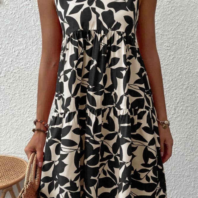 Sleeveless V Neck Flower Print Splicing Dress in Black