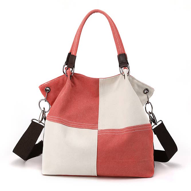Colorblock Canvas Shoulder Bag - red + cream