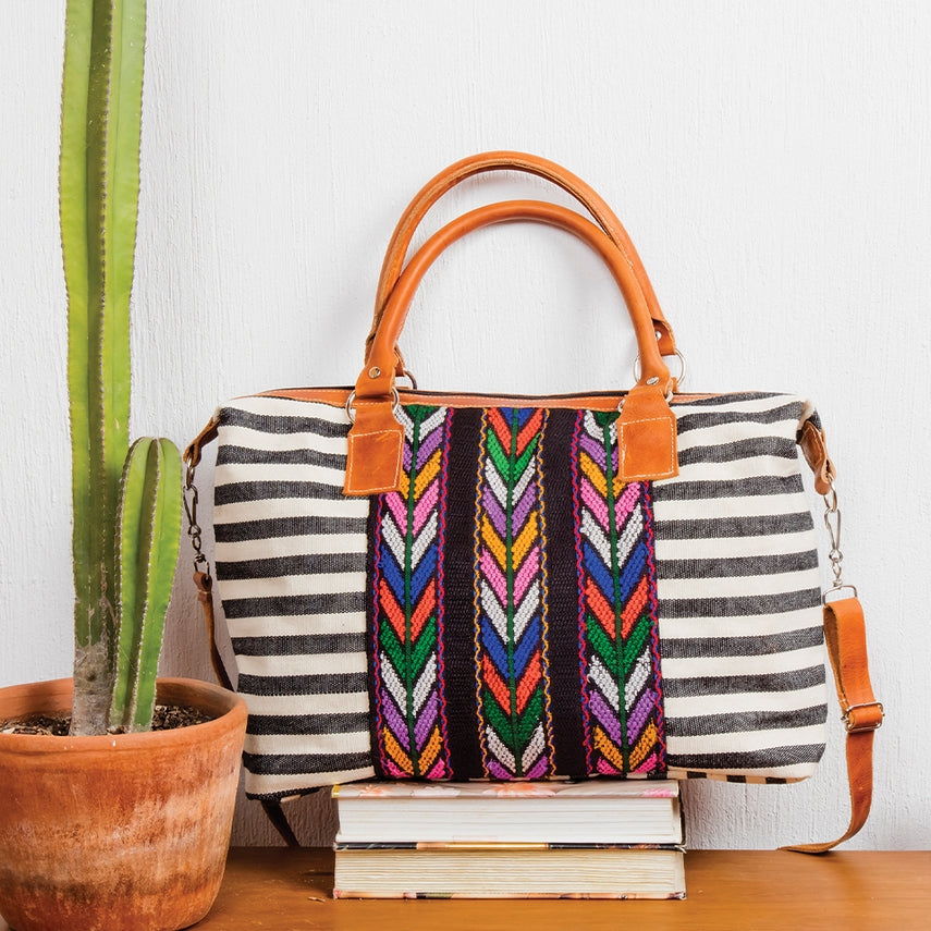 Striped Day Bag with Leather & Corte
