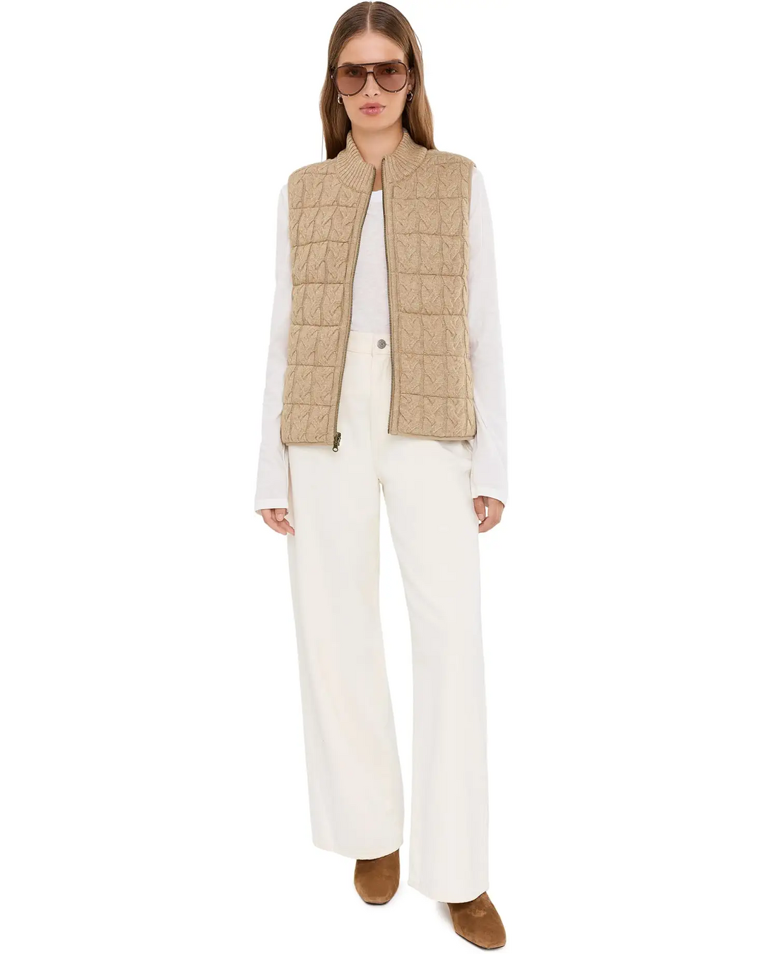 Sleeveless Reversible Zip Front Quilted Sweater Vest in Harvest Khaki