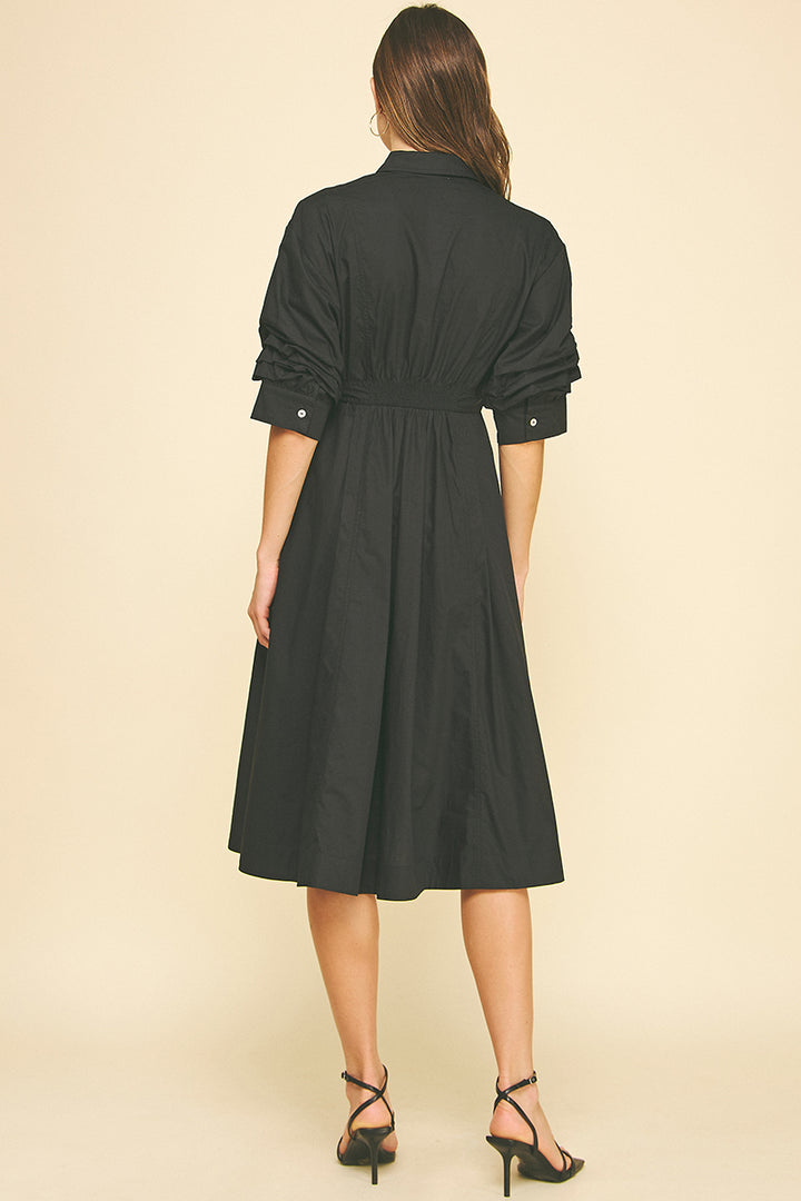 Button Down Midi Dress With Tucked Sleeves in Ink