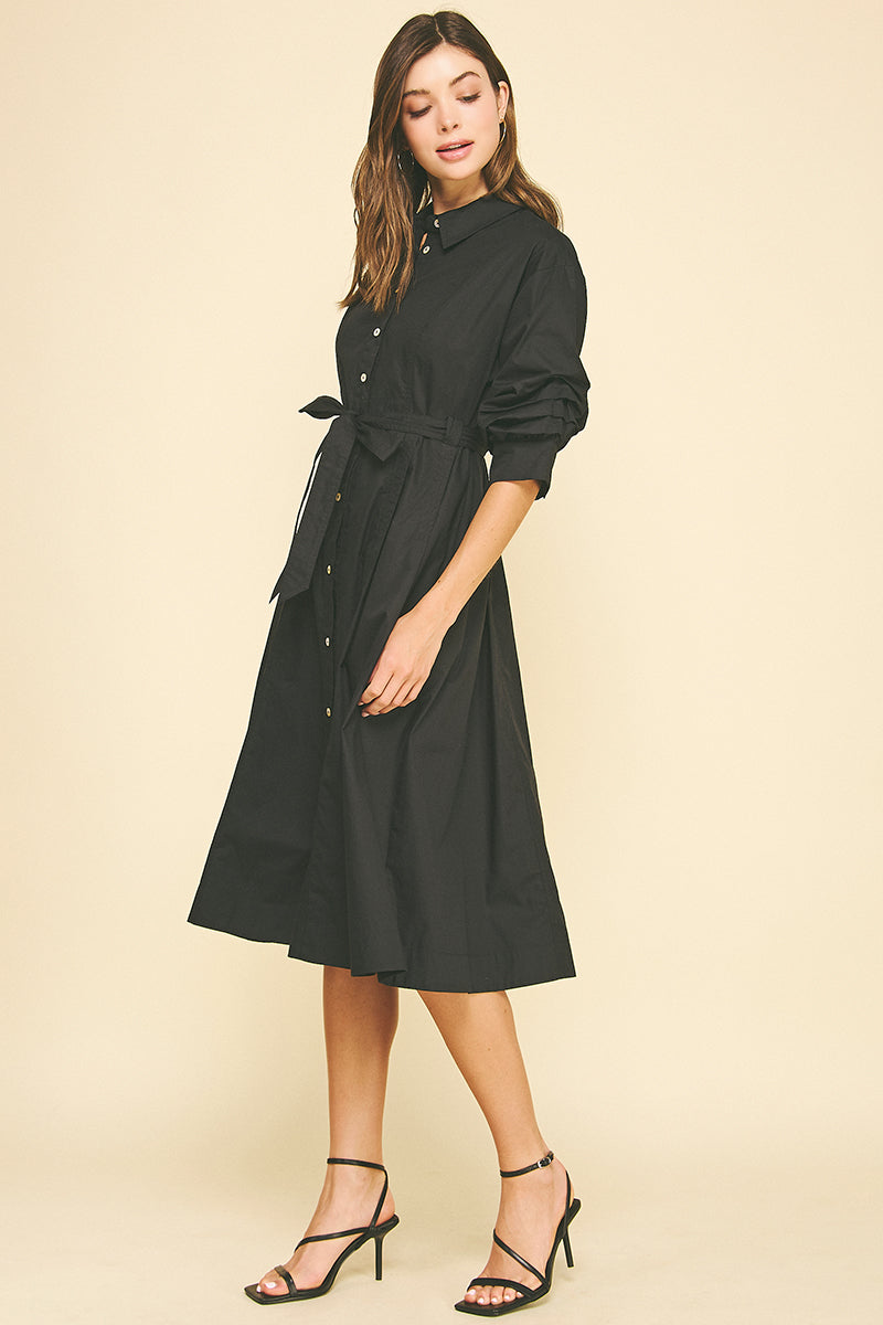 Button Down Midi Dress With Tucked Sleeves in Ink