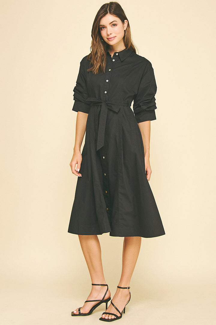 Button Down Midi Dress With Tucked Sleeves in Ink