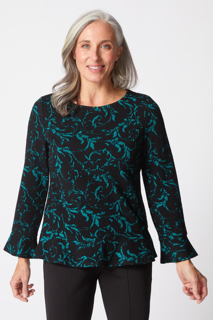 Jacquard Scroll Peplum Top in Everglade