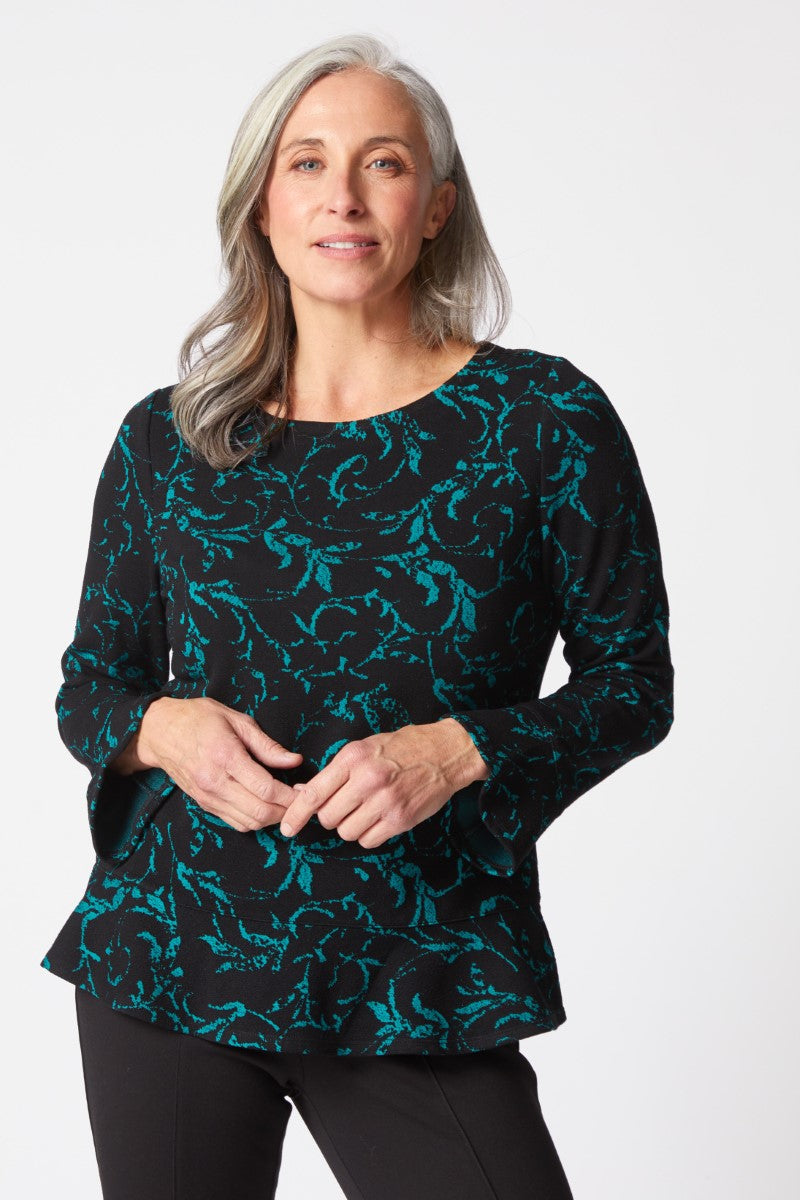 Jacquard Scroll Peplum Top in Everglade