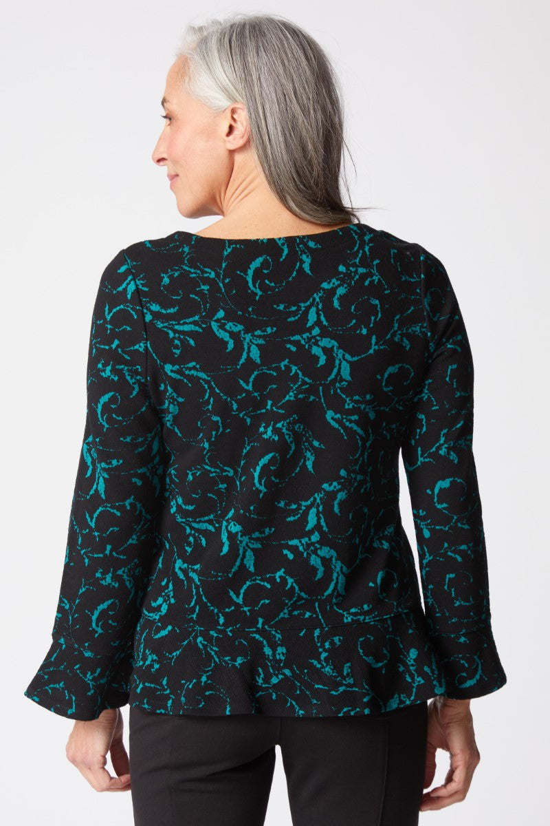 Jacquard Scroll Peplum Top in Everglade