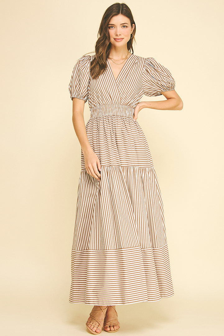 Striped Tiered Maxi Dress in Brown