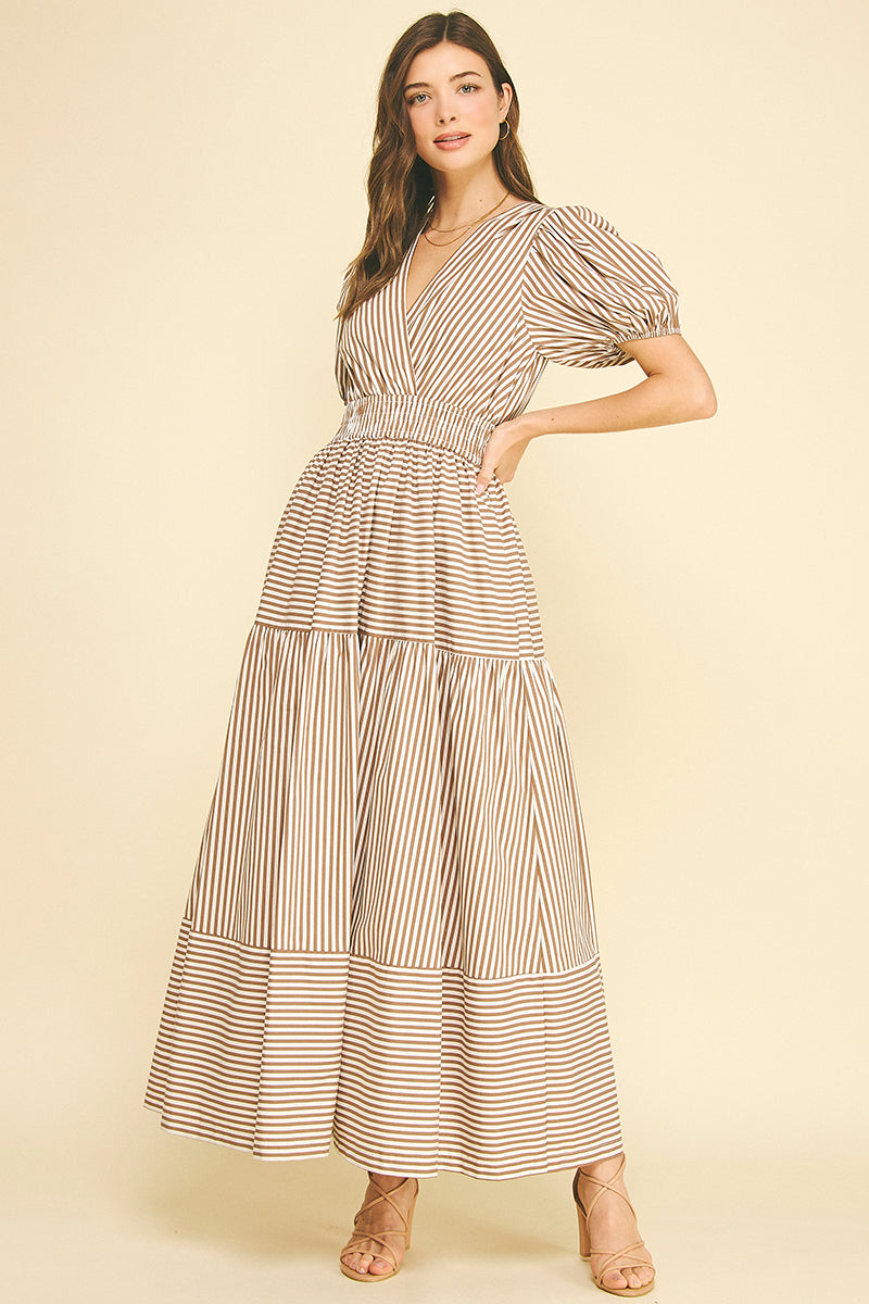 Striped Tiered Maxi Dress in Brown