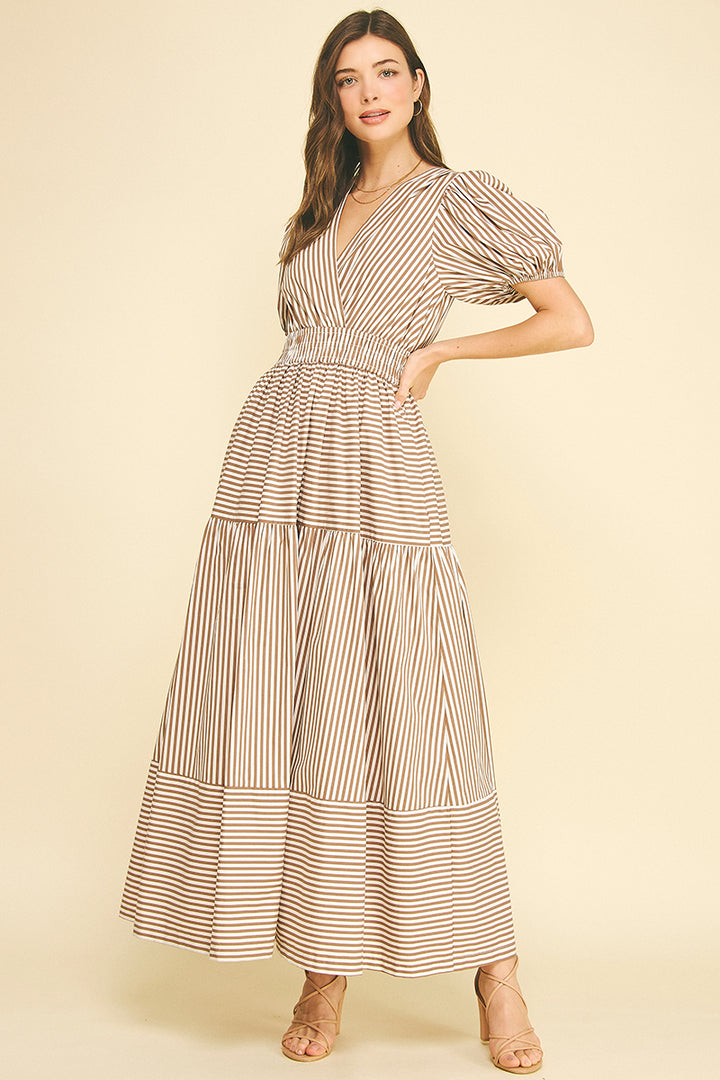 Striped Tiered Maxi Dress in Brown