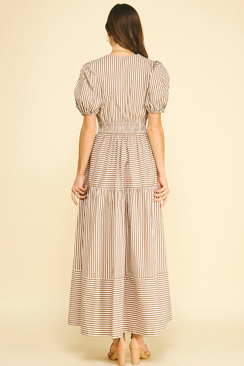 Striped Tiered Maxi Dress in Brown