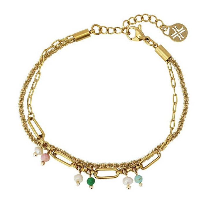 Pink, Green & Pearl 14K Gold Plated Double Chain Bracelet