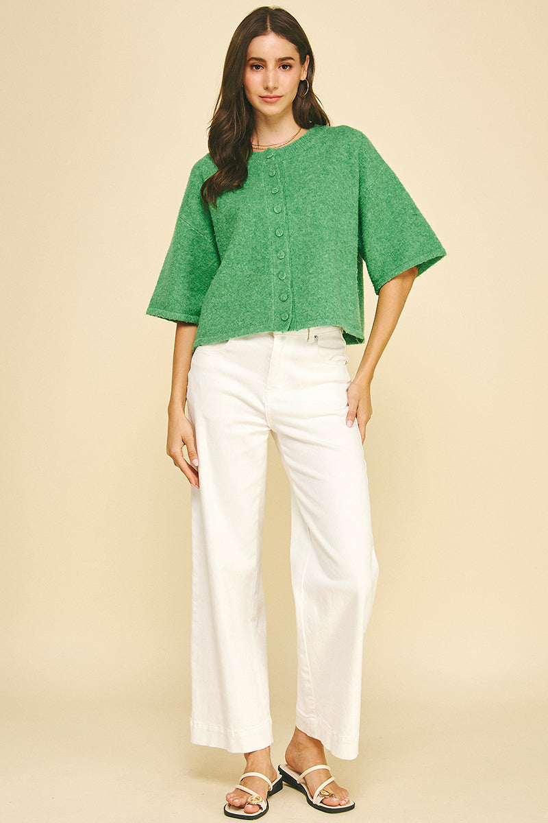 Button Down Short Sleeve Sweater in Green