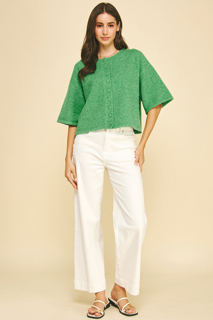 Button Down Short Sleeve Sweater in Green