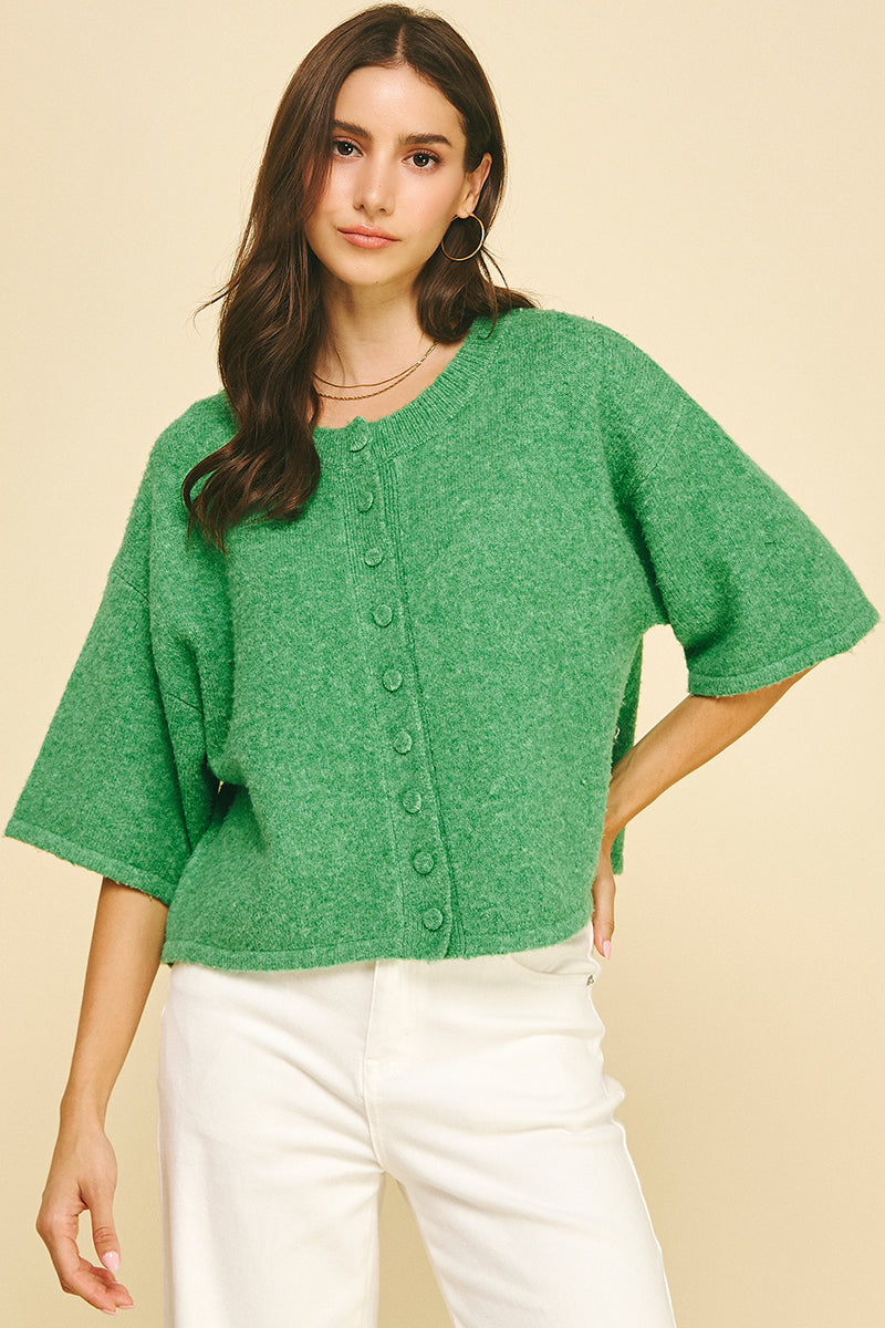 Button Down Short Sleeve Sweater in Green