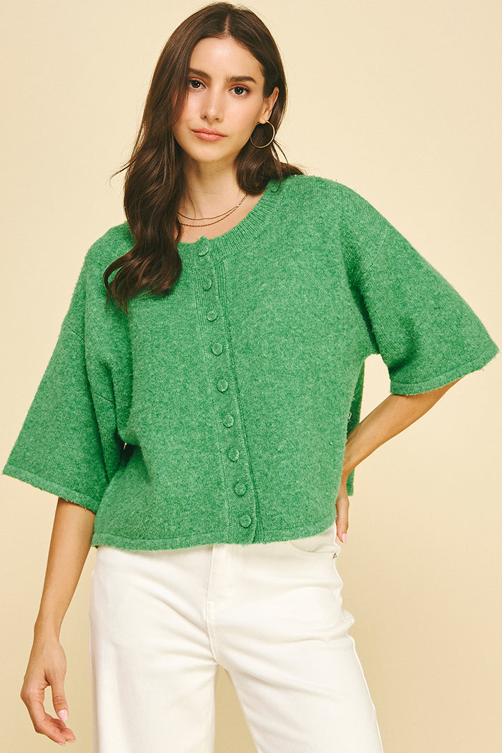 Button Down Short Sleeve Sweater in Green
