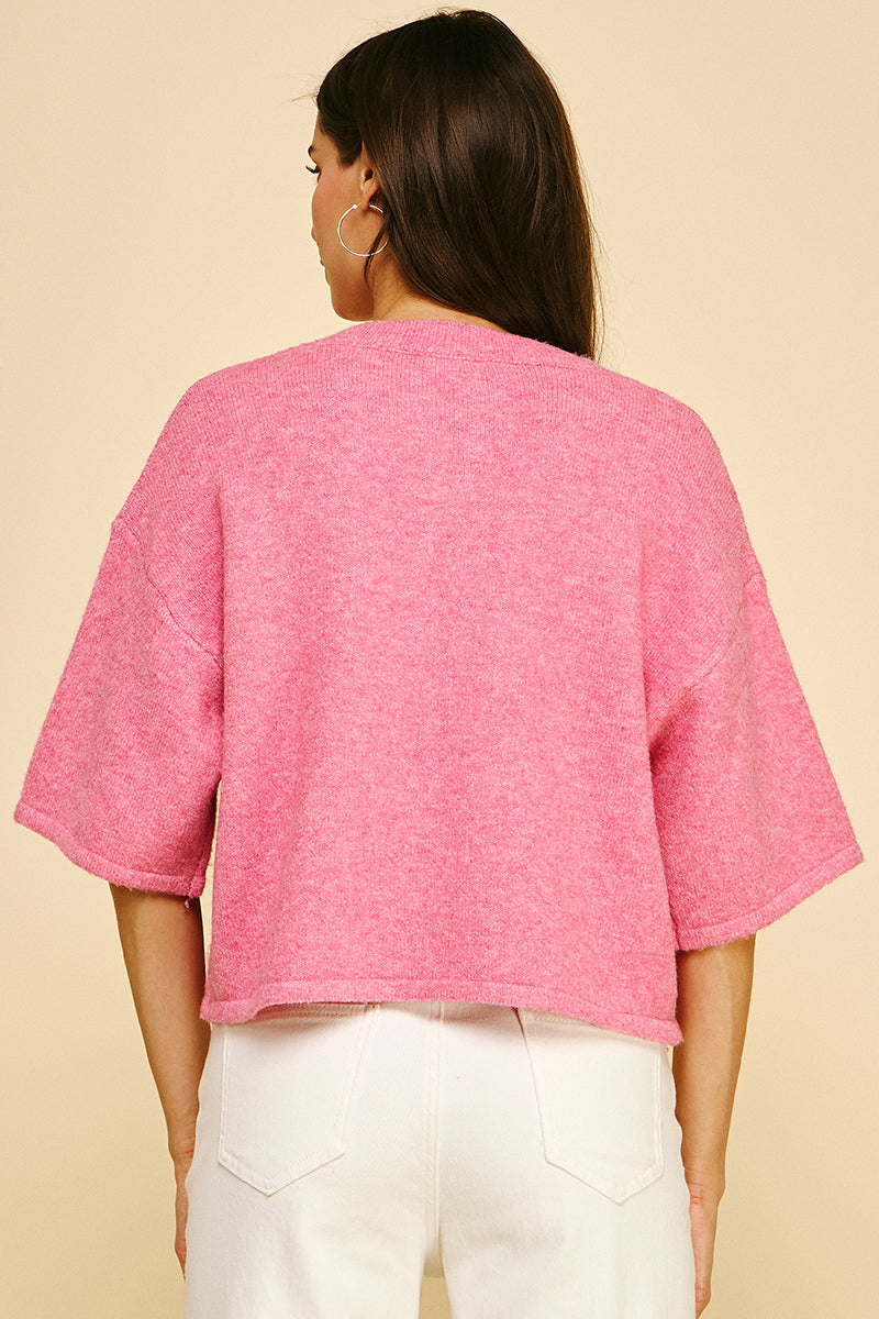 Button Down Short Sleeve Sweater in Pink