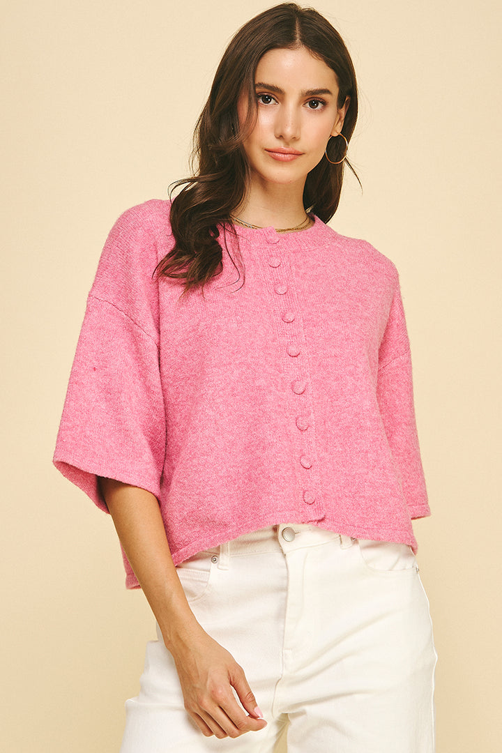 Button Down Short Sleeve Sweater in Pink