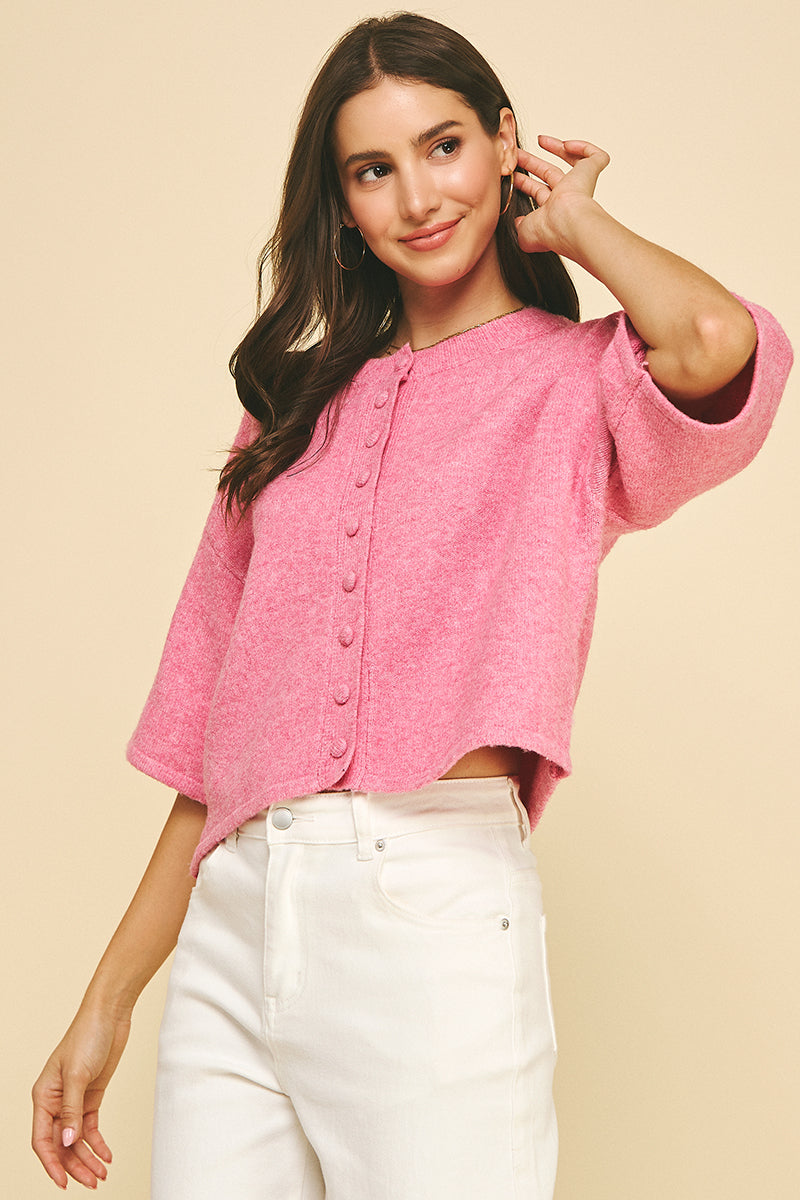 Button Down Short Sleeve Sweater in Pink