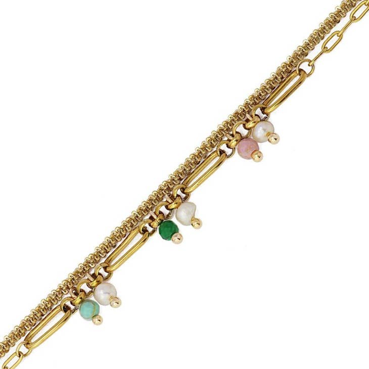 Pink, Green & Pearl 14K Gold Plated Double Chain Bracelet