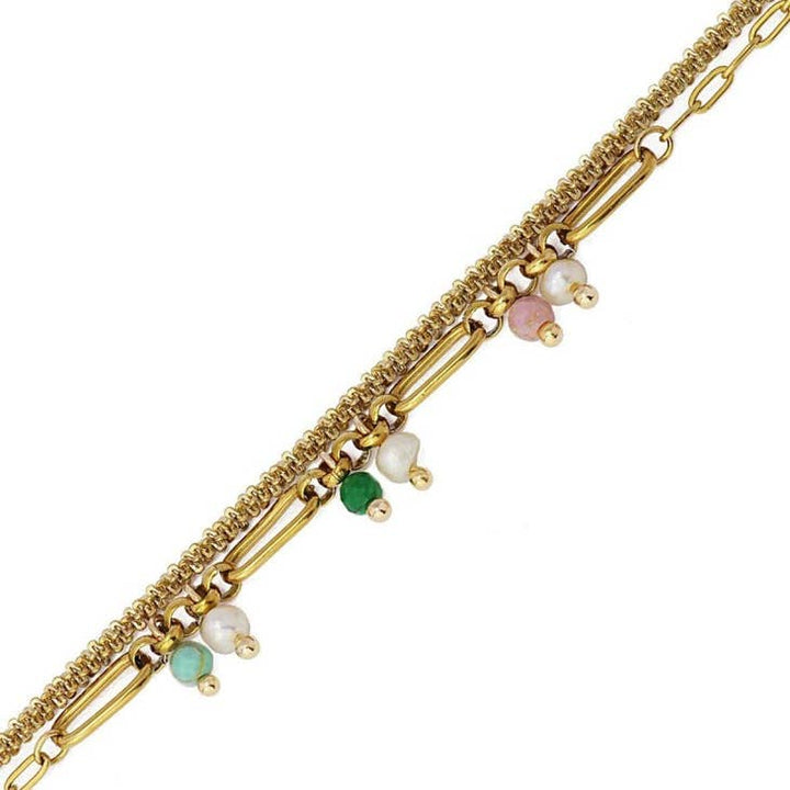 Pink, Green & Pearl 14K Gold Plated Double Chain Bracelet