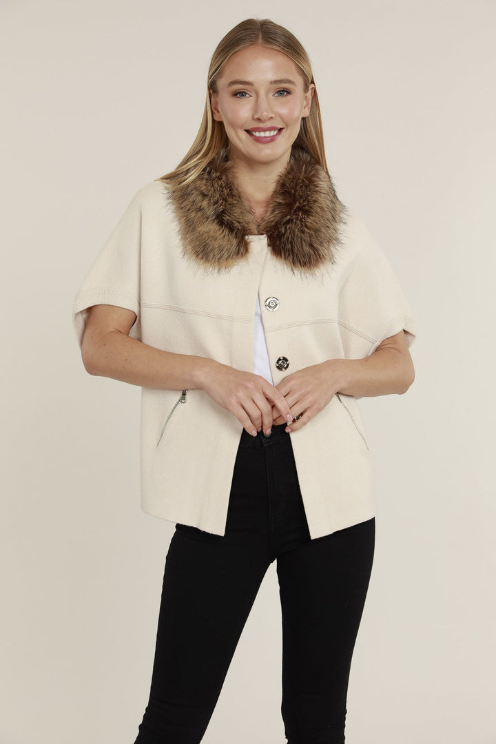Faux Fur Collar Short Sleeve Cardigan in Creme/Chestnut
