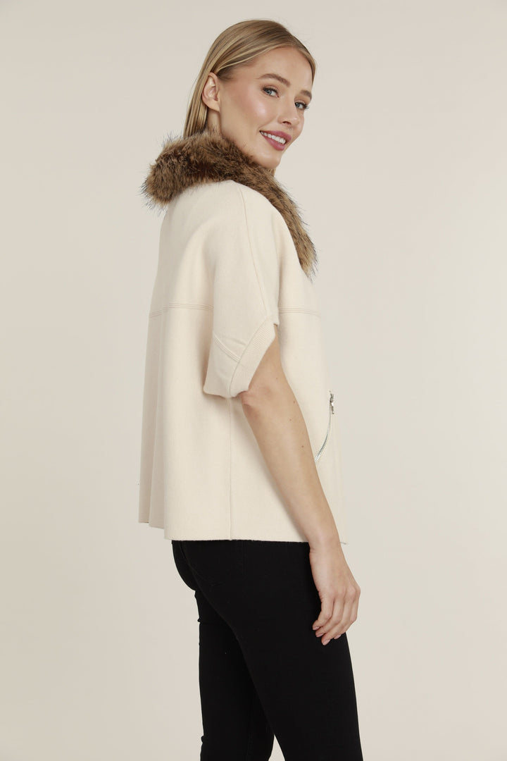 Faux Fur Collar Short Sleeve Cardigan in Creme/Chestnut