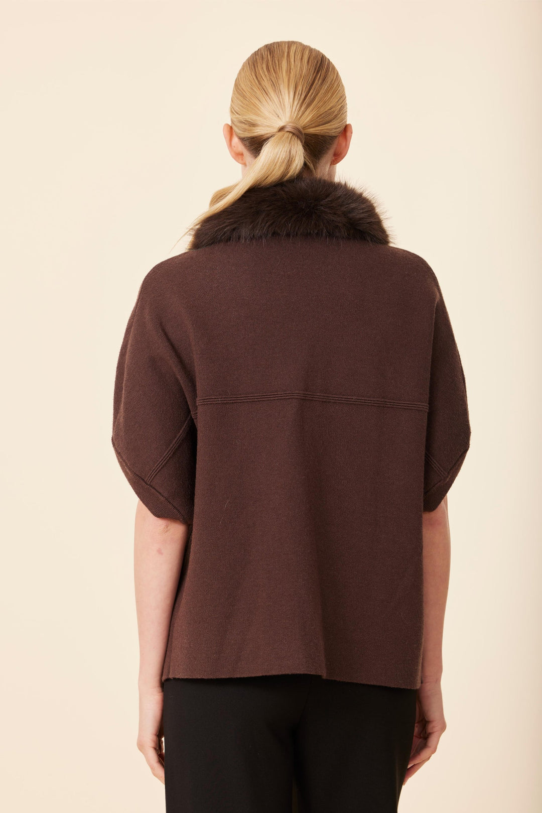 Faux Fur Collar Short Sleeve Cardigan in Espresso