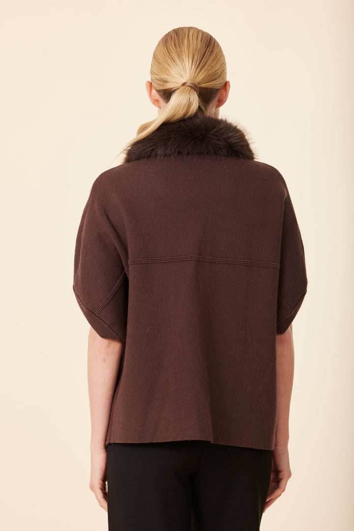 Faux Fur Collar Short Sleeve Cardigan in Espresso