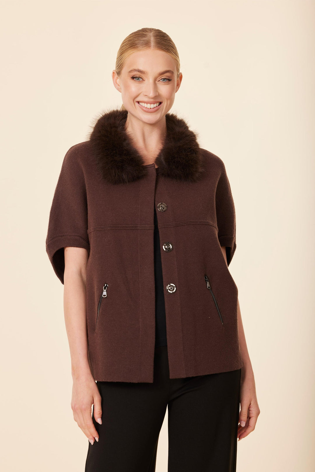 Faux Fur Collar Short Sleeve Cardigan in Espresso